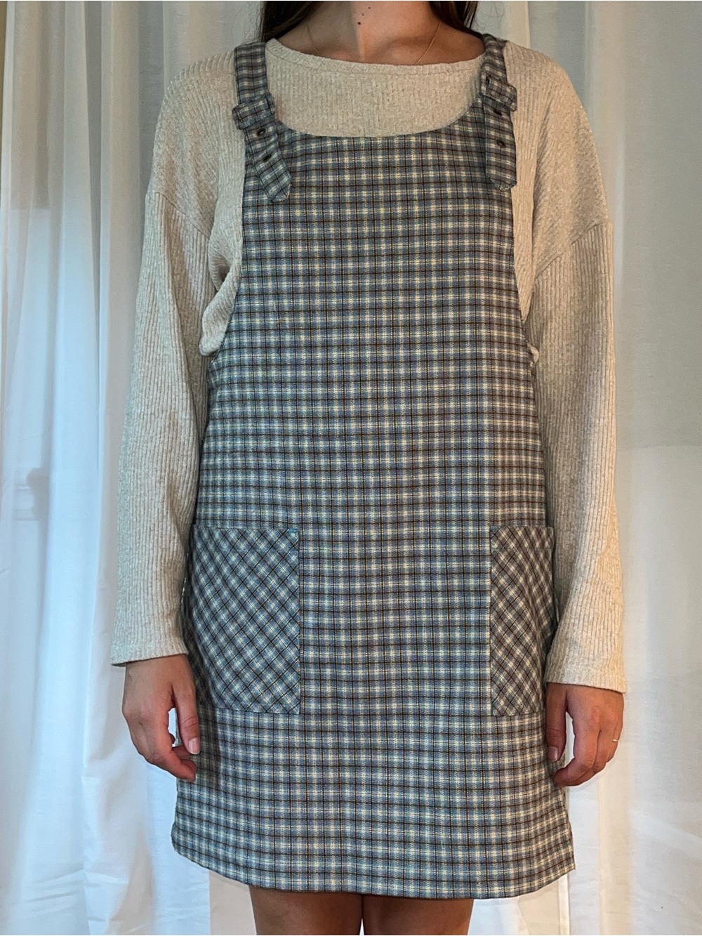 twik Plaid Pinafore Dress in Gray and Cream